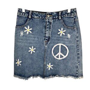 Denim Mini Jean Skirt Size Medium Daisy Peace Blue Hippie Festival Fair Spring